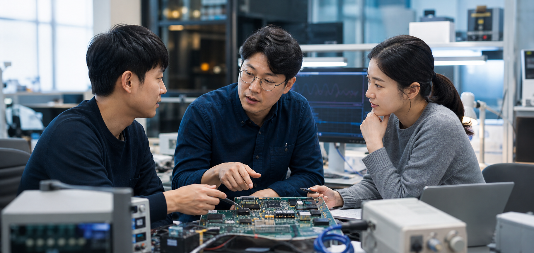 PCB를 함께 살펴보며 기술적 의견을 나누는 연구개발 구성원들