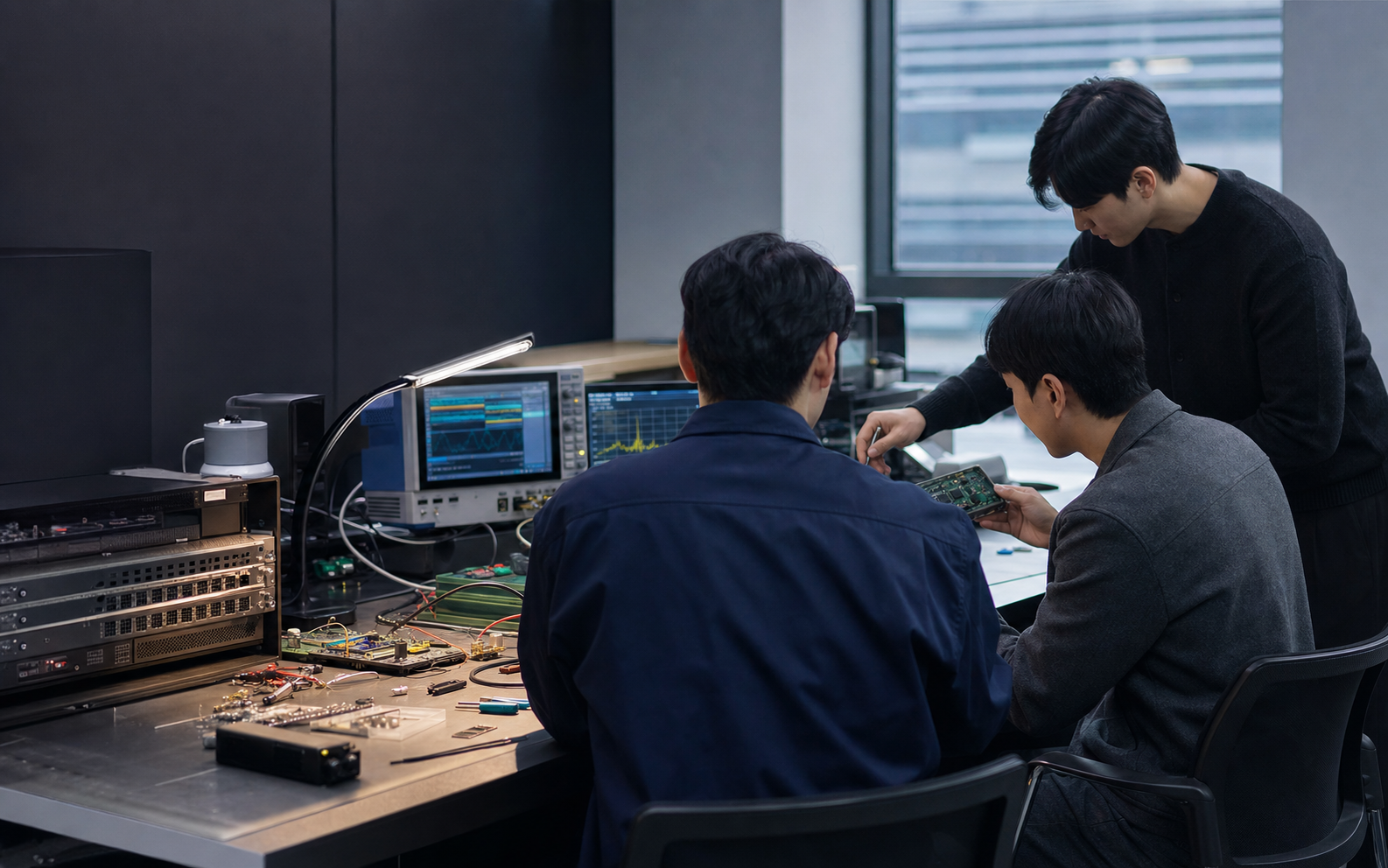전자 시험실에서 PCB와 계측 데이터를 함께 검토하는 엔지니어들